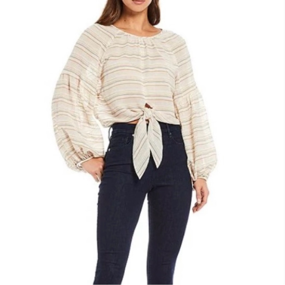 NWT Gianni Bini Serena Woven Balloon Sleeve Round Neck Striped Tie Blouse XS